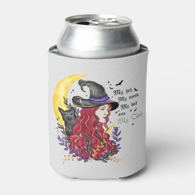 Witch, Black Cat and Crescent Moon Can Cooler (Can Front)