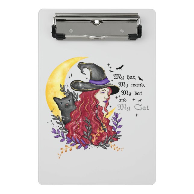 Witch, Black Cat and Crescent Moon Mini Clipboard (Front)