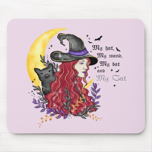 Witch, Black Cat and Crescent Moon Mouse Pad (Front)