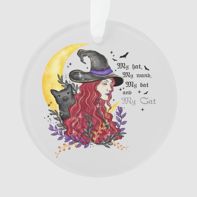Witch, Black Cat and Crescent Moon Ornament (Front)
