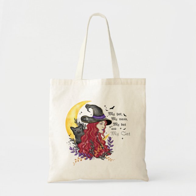 Witch, Black Cat and Crescent Moon Tote Bag (Front)