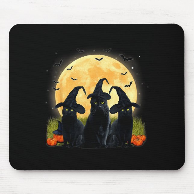 Witch Black Cat And Full Moon Pumpkin Halloween Mouse Pad (Front)