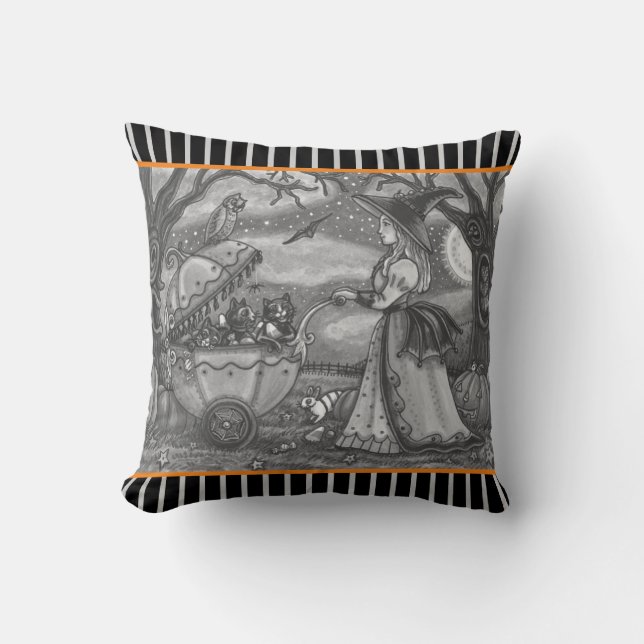 WITCH, BLACK CAT BABY BUGGY HALLOWEEN THROW PILLOW (Front)