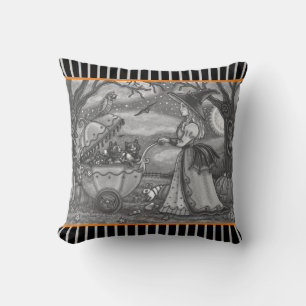 WITCH, BLACK CAT BABY BUGGY HALLOWEEN THROW PILLOW