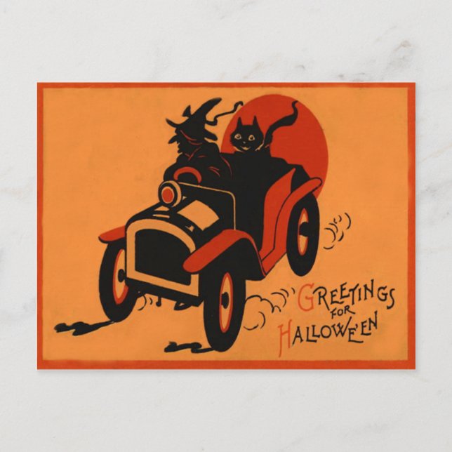 Witch Black Cat Car Full Moon Postcard (Front)