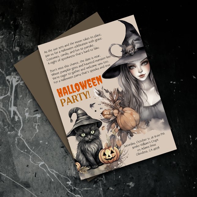 Witch Black Cat Halloween Party Poem Invitation (Elevate your upcoming event with uniquely designed Halloween invitations featuring a spooky poem!)