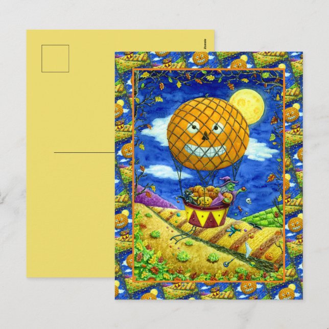 WITCH, BLACK CAT IN HOT AIR BALLOON FOLK ART HUMOR HOLIDAY POSTCARD (Front/Back)