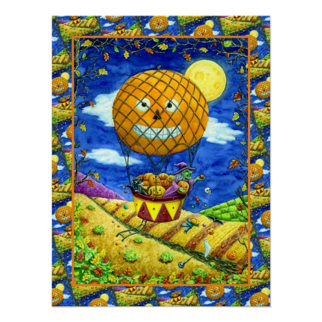 WITCH, BLACK CAT IN HOT AIR BALLOON FOLK ART HUMOR POSTER (Front)