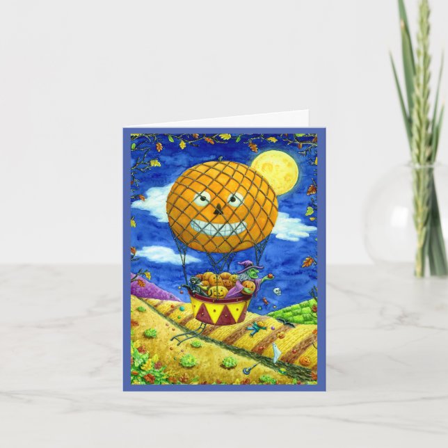 WITCH, BLACK CAT IN HOT AIR BALLOON FOLK ART Verse Holiday Card (Front)