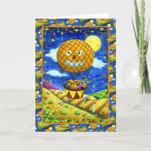 WITCH, BLACK CAT IN HOT AIR BALLOON FOLK ART Verse Holiday Card