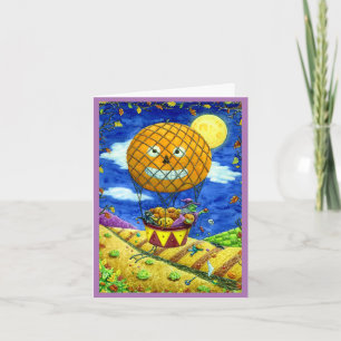 WITCH, BLACK CAT IN HOT AIR BALLOON FOLK ART Verse Holiday Card