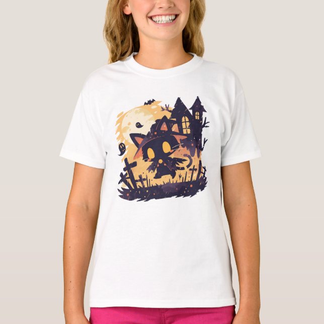 Witch Black Cat on Halloween Night T-Shirt (Front)