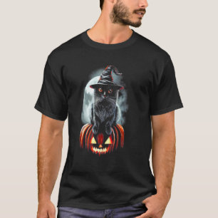 Witch Black Cat on Pumpkin Vintage Halloween Moon  T-Shirt