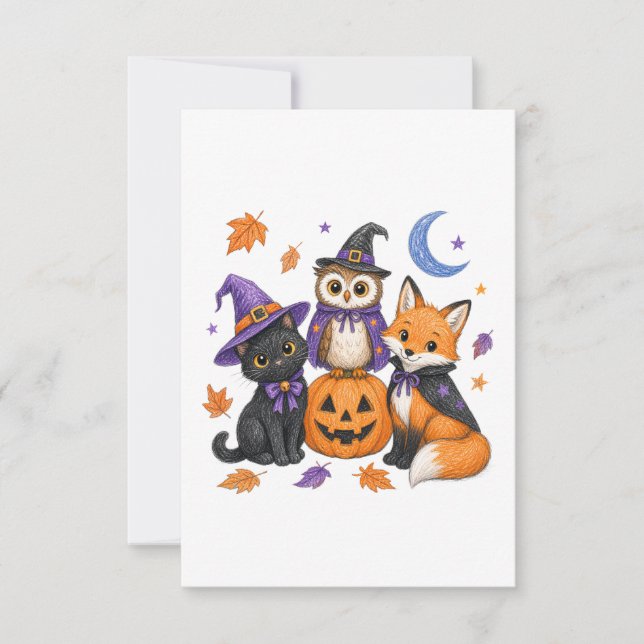 Witch Black Cat Owl Fox Pumpkin Art RSVP Card (Front)