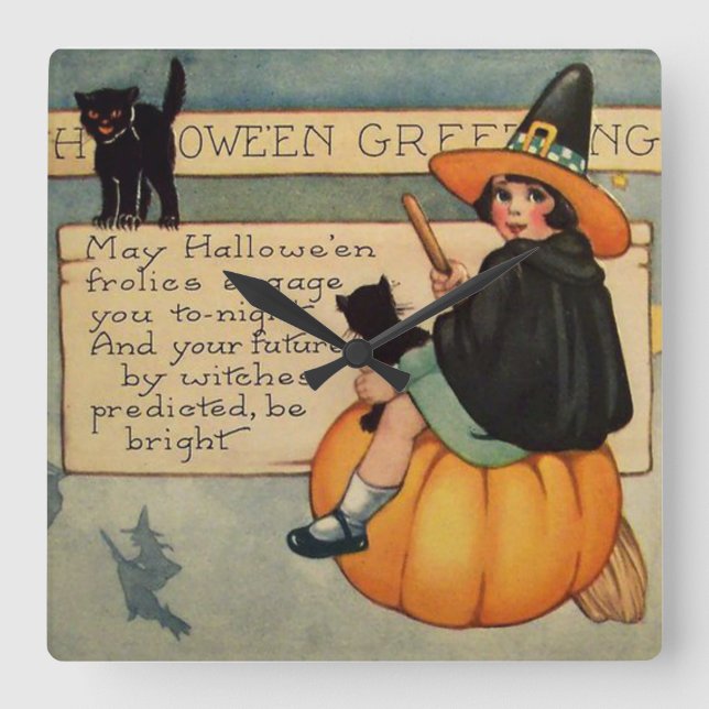 Witch Black Cat Pumpkin Crescent Moon Square Wall Clock (Front)