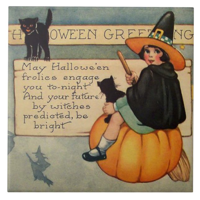 Witch Black Cat Pumpkin Crescent Moon Tile (Front)