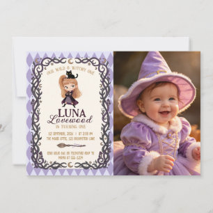 Witch Black Cat Spooky 1st Birthday Invitation