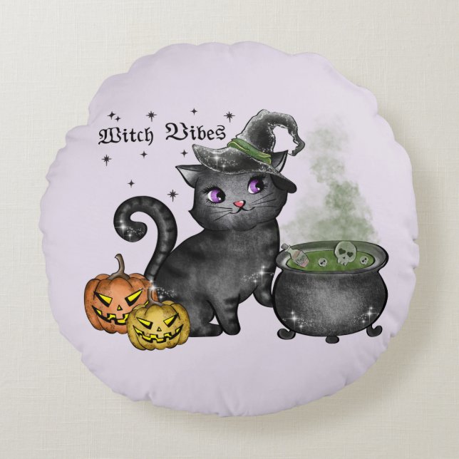 Witch Black Cat | Witch Vibes Round Cushion (Front)