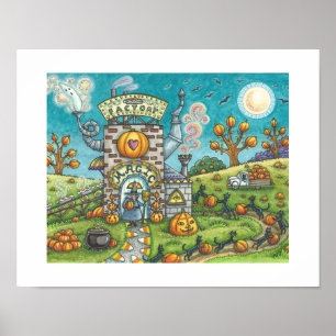 WITCH & BLACK CATS ASSEMBLY LINE PIE FACTORY Funny Poster