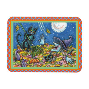 WITCH & BLACK CATS RAKING LEAVES, FUNNY HALLOWEEN MAGNET