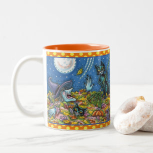 WITCH & BLACK CATS RAKING LEAVES, FUNNY HALLOWEEN Two-Tone COFFEE MUG