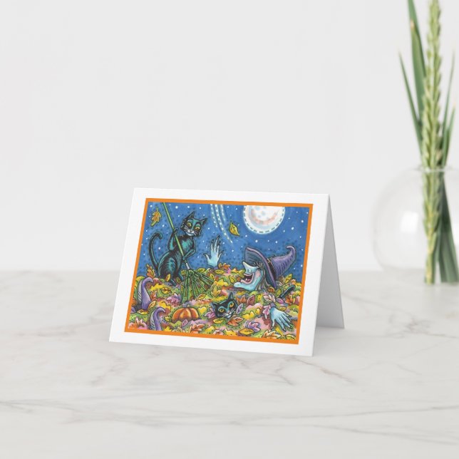 WITCH & BLACK CATS RAKING LEAVES HALLOWEEN CARD (Front)