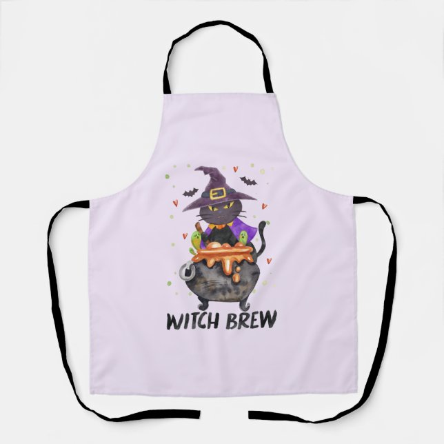 Witch Brew – Halloween Witch Cat in a Cauldron Apron (Front)