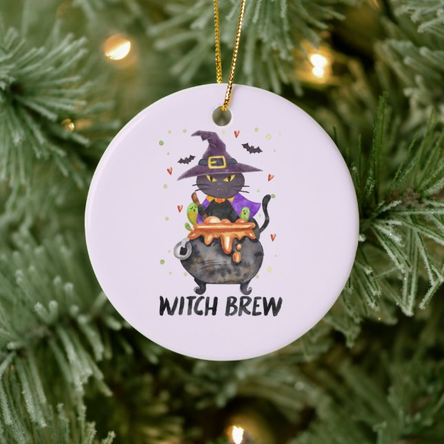 Witch Brew – Halloween Witch Cat in a Cauldron Ceramic Tree Decoration (Tree)