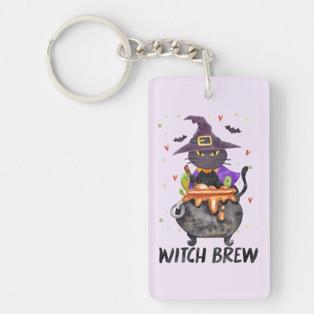 Witch Brew – Halloween Witch Cat in a Cauldron Key Ring (Front)