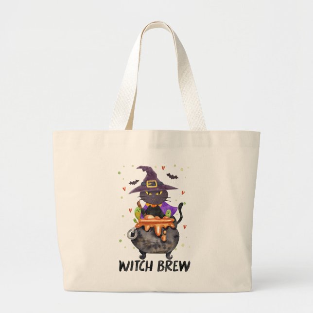 Witch Brew – Halloween Witch Cat in a Cauldron Large Tote Bag (Front)