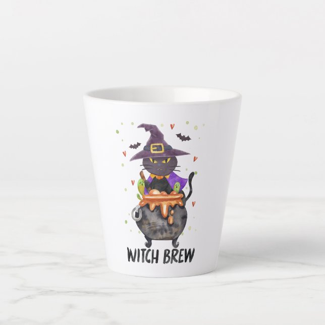 Witch Brew – Halloween Witch Cat in a Cauldron Latte Mug (Front)