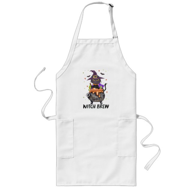 Witch Brew – Halloween Witch Cat in a Cauldron Long Apron (Front)