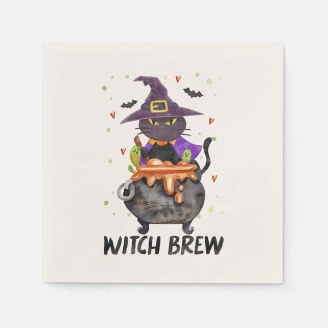 Witch Brew – Halloween Witch Cat in a Cauldron Napkin (Front)