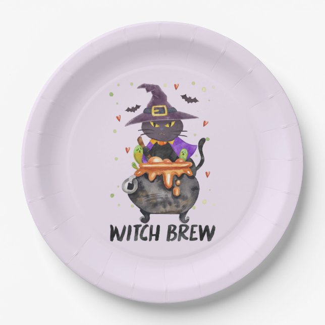 Witch Brew – Halloween Witch Cat in a Cauldron Paper Plate (Front)