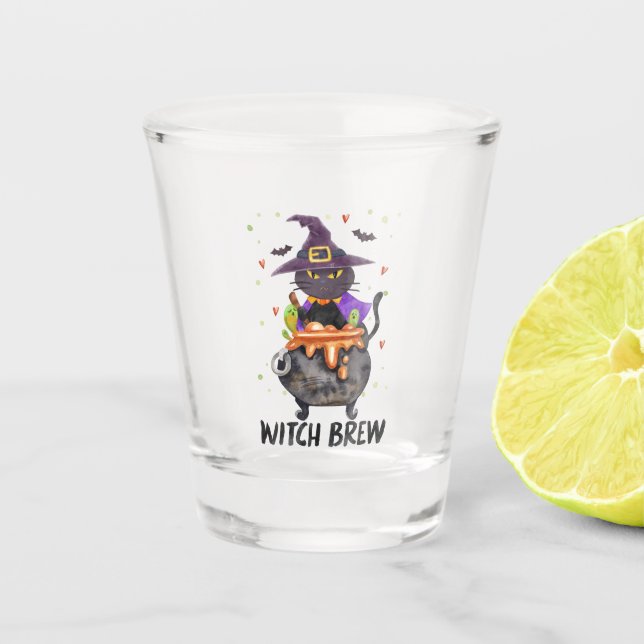 Witch Brew – Halloween Witch Cat in a Cauldron Shot Glass (Front)