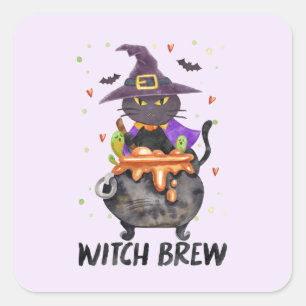Witch Brew – Halloween Witch Cat in a Cauldron Square Sticker