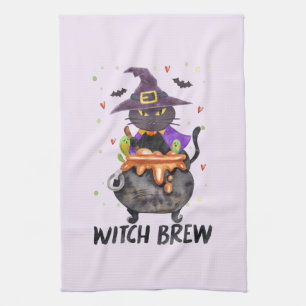 Witch Brew – Halloween Witch Cat in a Cauldron Tea Towel