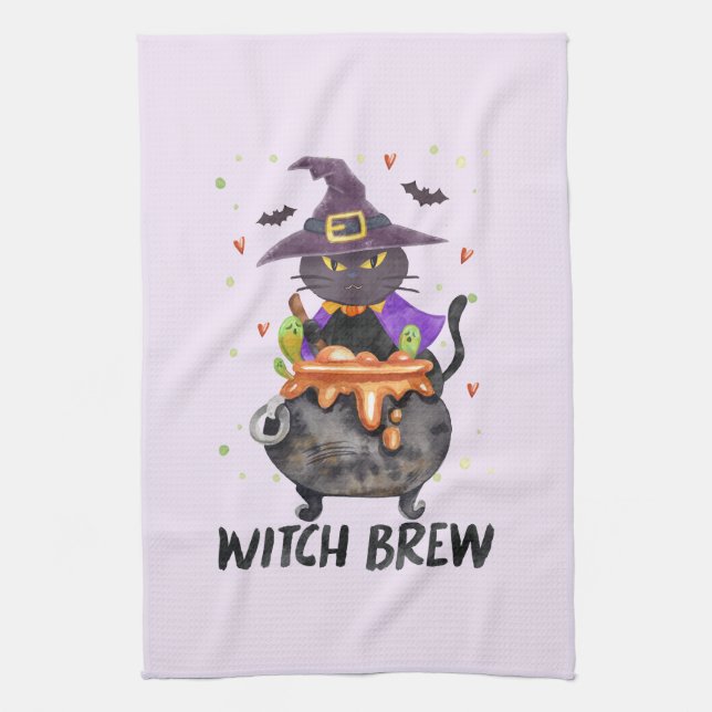 Witch Brew – Halloween Witch Cat in a Cauldron Tea Towel (Vertical)