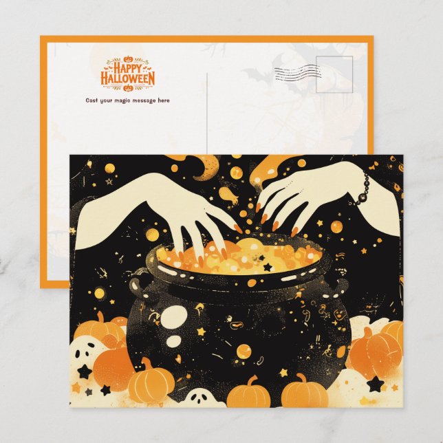 Witch Brewing Magic in Halloween Cauldron Holiday Postcard (Front/Back)