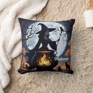 Witch brewing potions on a Halloween night Cushion