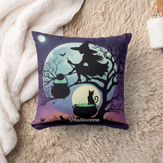 Witch brewing potions on Halloween night Cushion (Blanket)