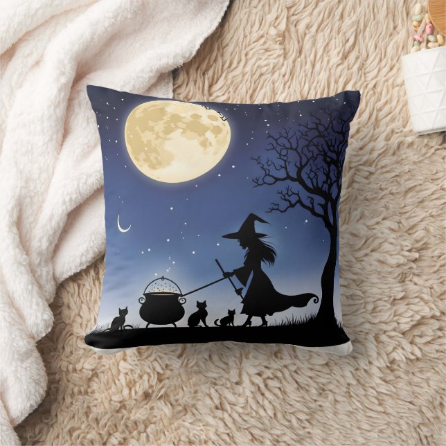 Witch brewing potions under a full moon at night cushion (Blanket)