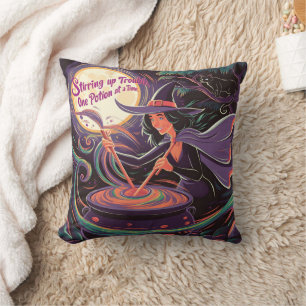 Witch brewing potions under a full moon cushion