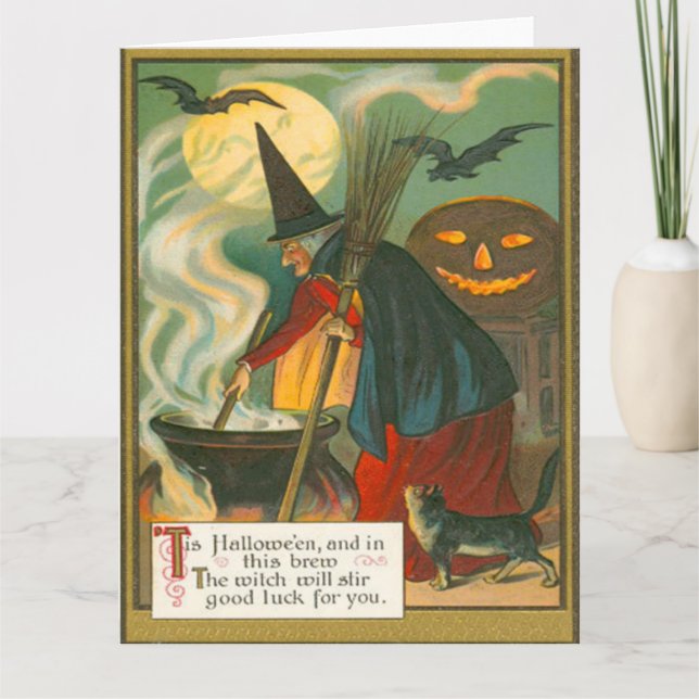 Witch Broom Cauldron Jack O Lantern Bat Cat Card (Front)
