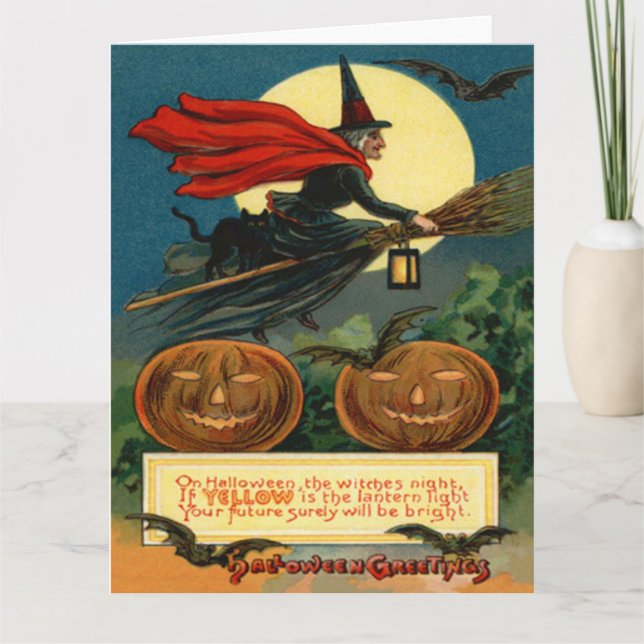 Witch Broom Flying Black Cat Bat Card (Front)
