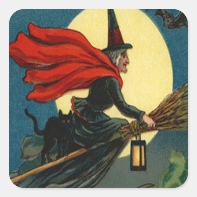 Witch Broom Flying Black Cat Bat Square Sticker (Front)