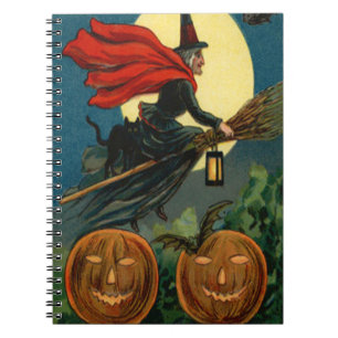 Witch Broom Flying Jack O Lantern Black Cat Bat Spiral Notebook