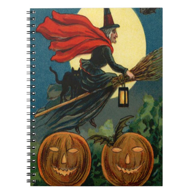 Witch Broom Flying Jack O Lantern Black Cat Bat Spiral Notebook (Front)