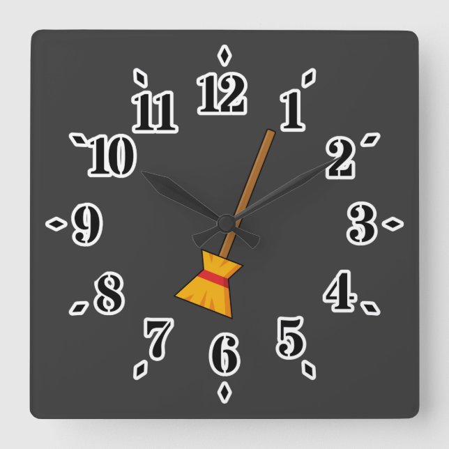 Witch Broom Square Wall Clock (Front)