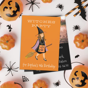 Witch Brunette Halloween Birthday Party Invitation